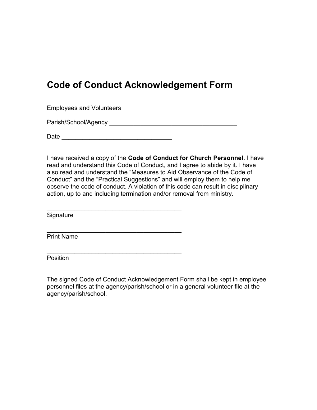 Code of Conduct Acknowledgement Form