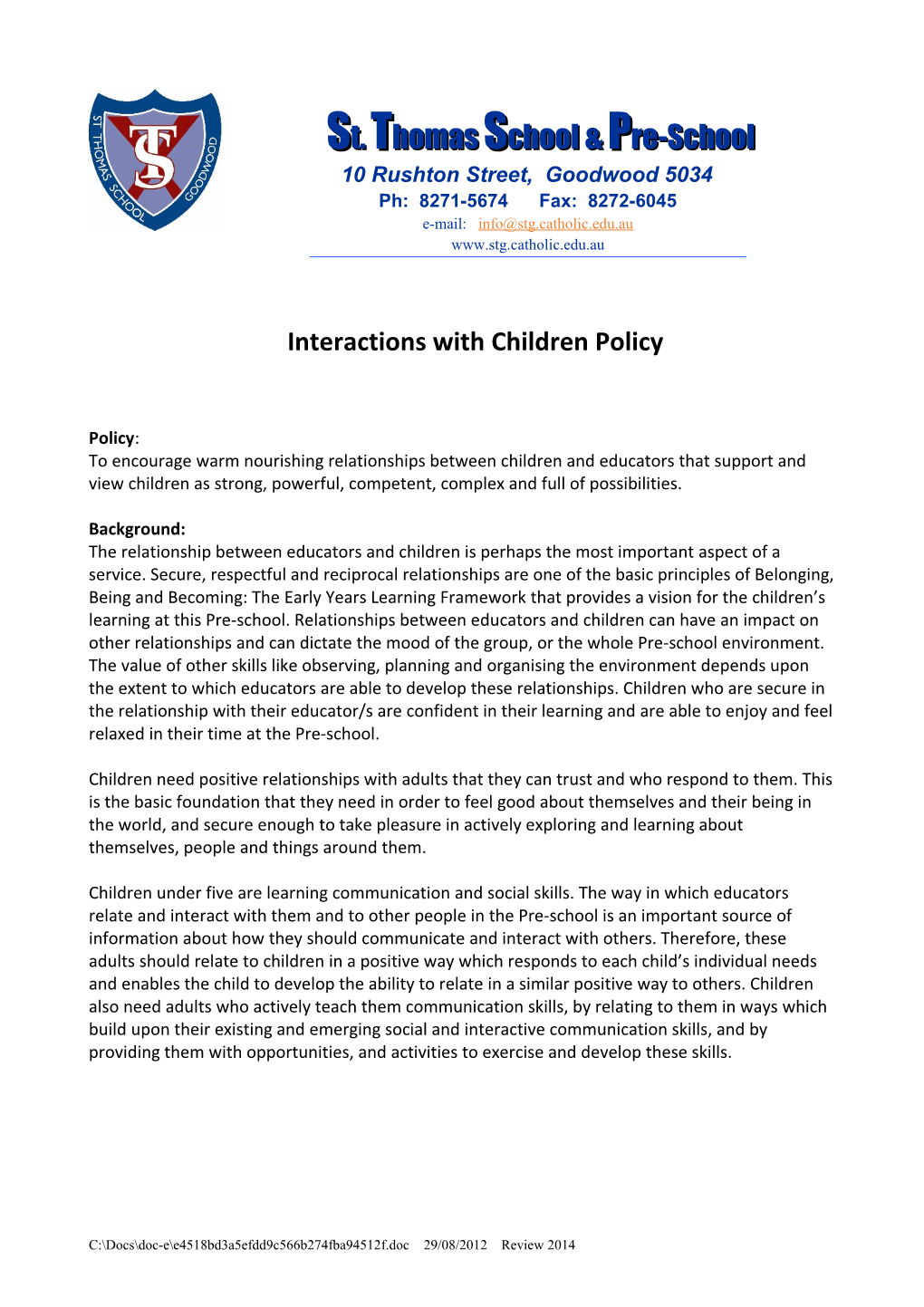 Interactions with Children Policy