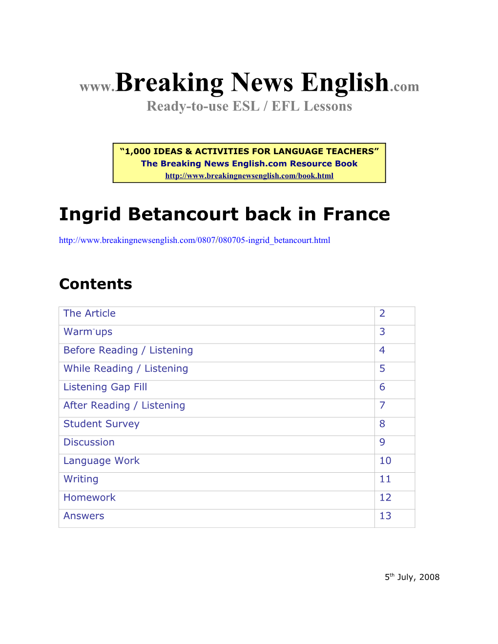 ESL Lesson: Ingrid Betancourt Back in France