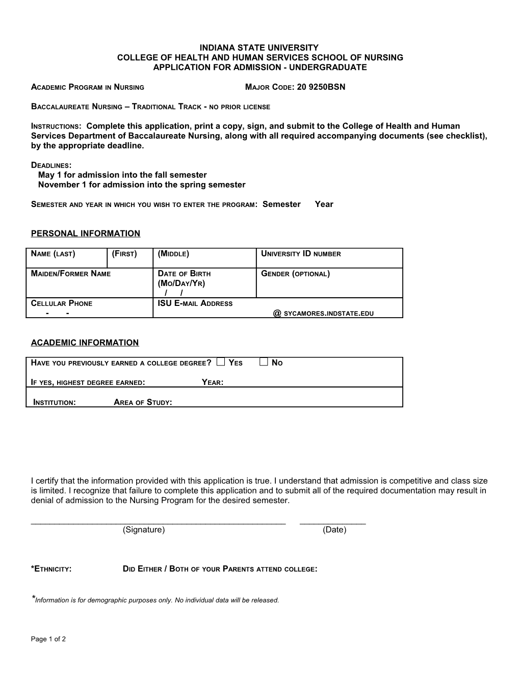 BS On-Campus Nursing Application Form