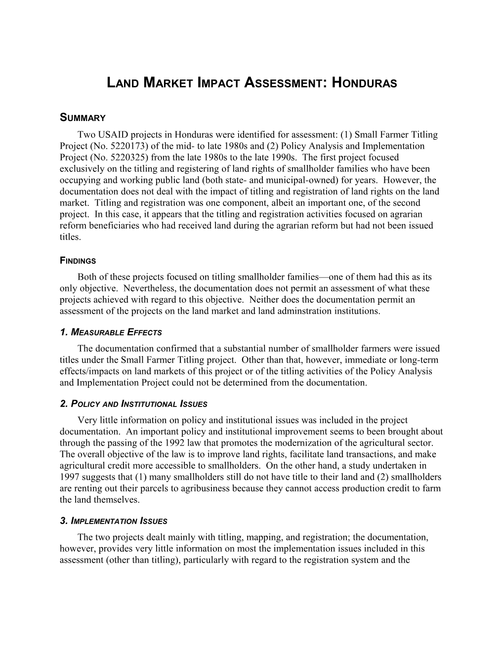 Land Market Impact Assessment: Honduras