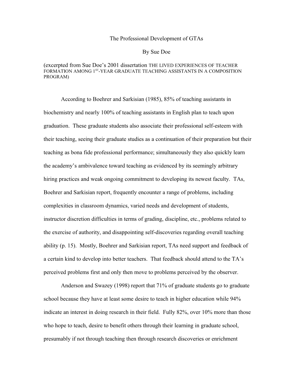 According to Boehrer and Sarkisian (1985), 85% of Teaching Assistants in Biochemistry And