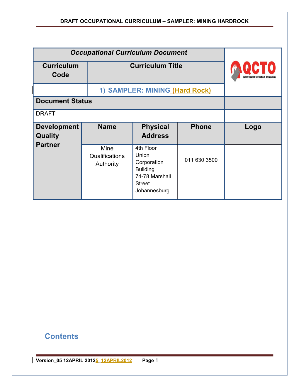 Draft Occupational Curriculum Sampler: Mining Hardrock