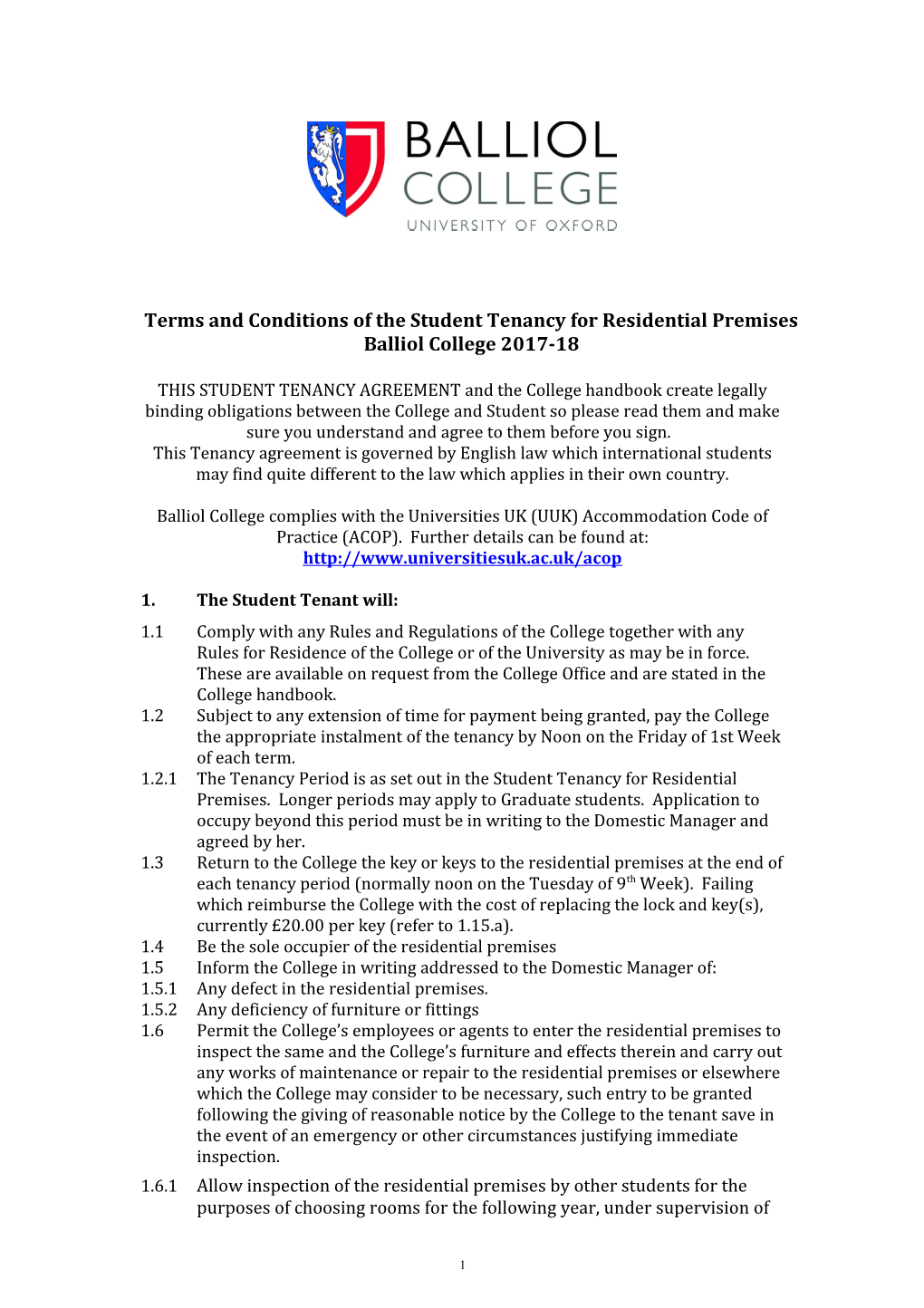 Terms and Conditions of the Student Tenancy for Residential Premises Balliol College 2017-18
