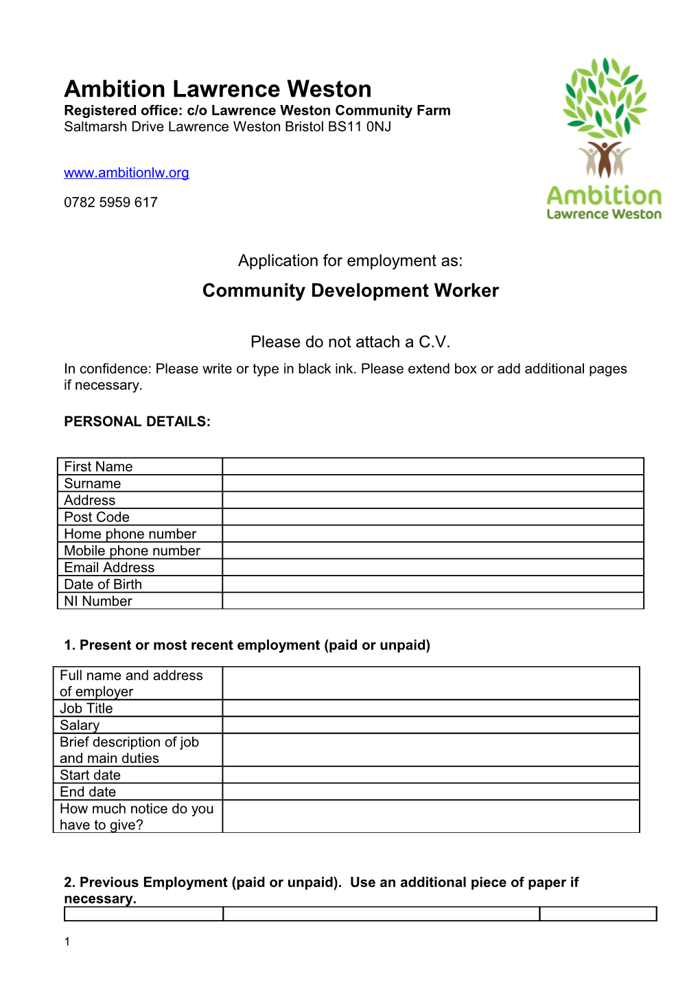 Application Form Blank Ambition Lawrence Weston