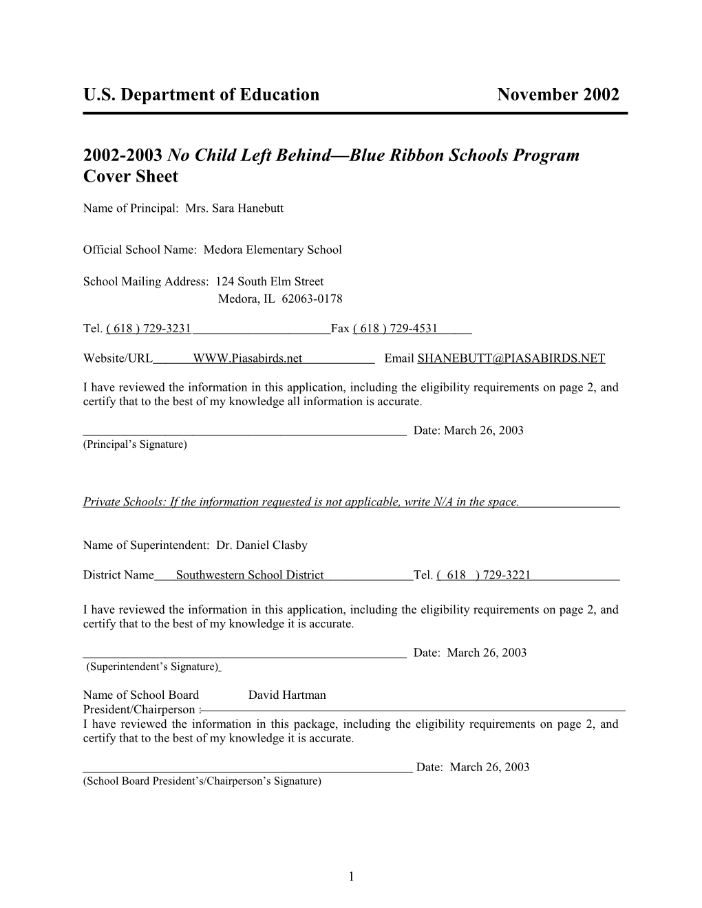 Medora Elementary School 2003 No Child Left Behind-Blue Ribbon School (Msword)