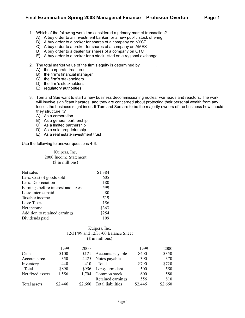 Final Examination Spring 2003 Managerial Finance Professor Overton Page 1
