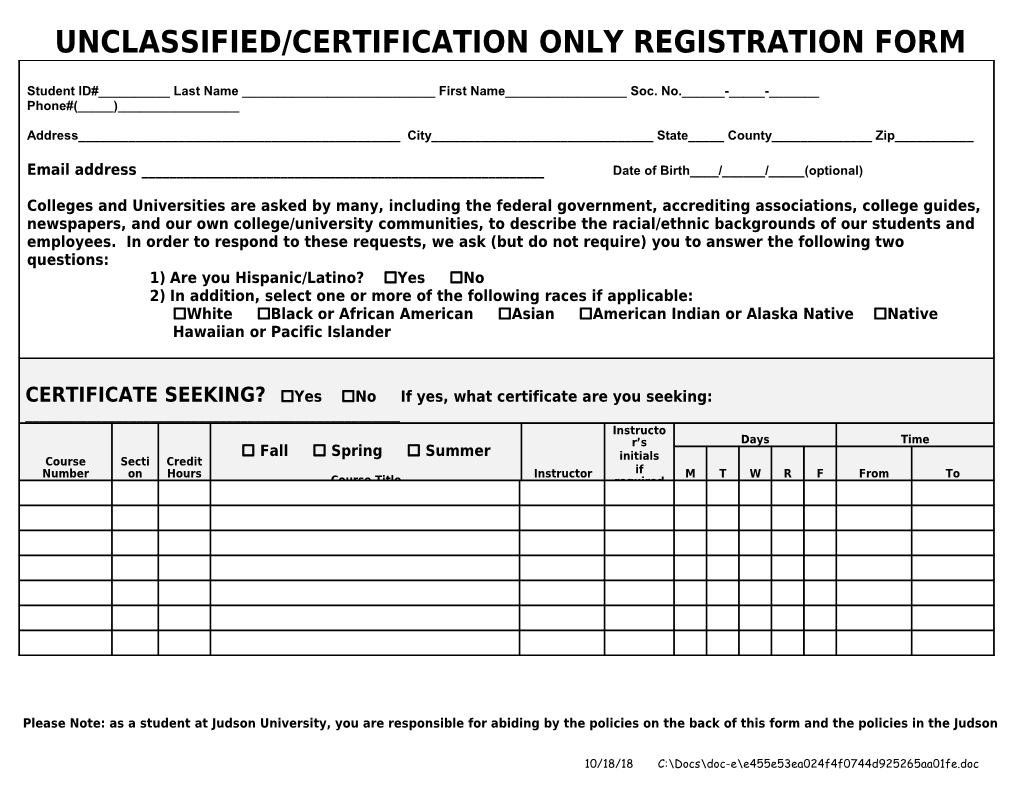 Unclassified/Certification Only Registration Form