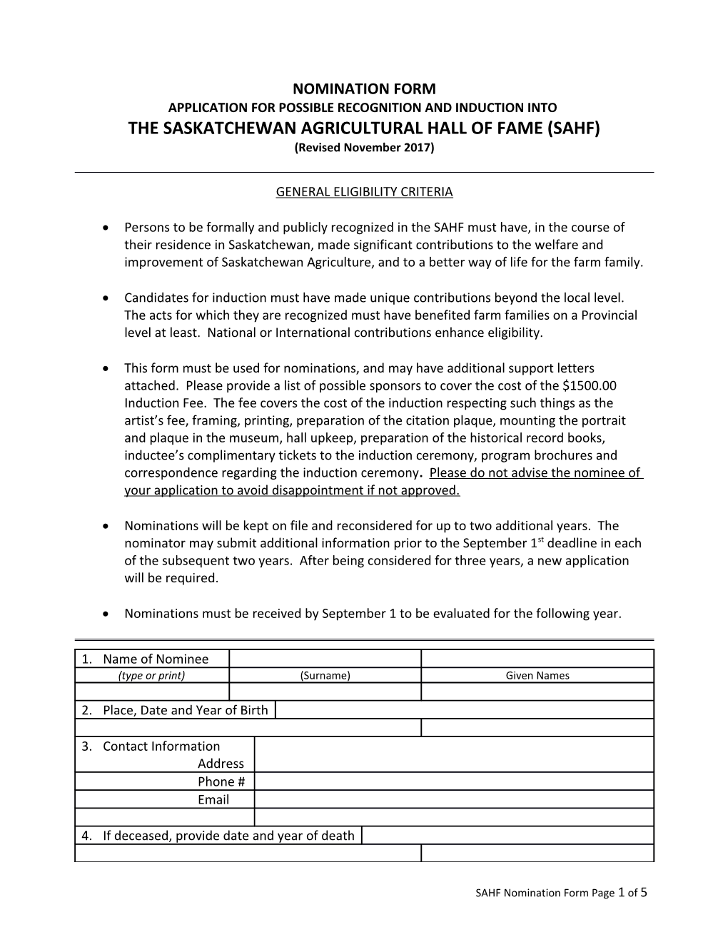 Application for Possible Recognition and Induction Into