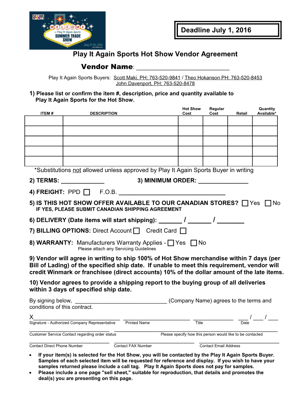 Play It Again Sports Hot Show Vendor Agreement