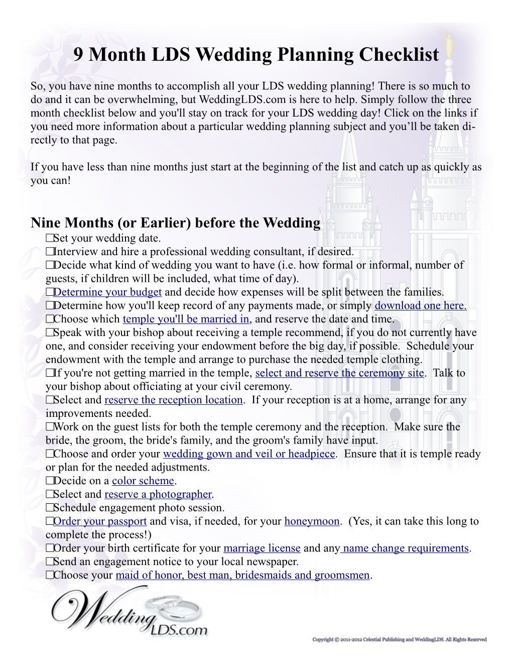 9 Month LDS Wedding Planning Checklist