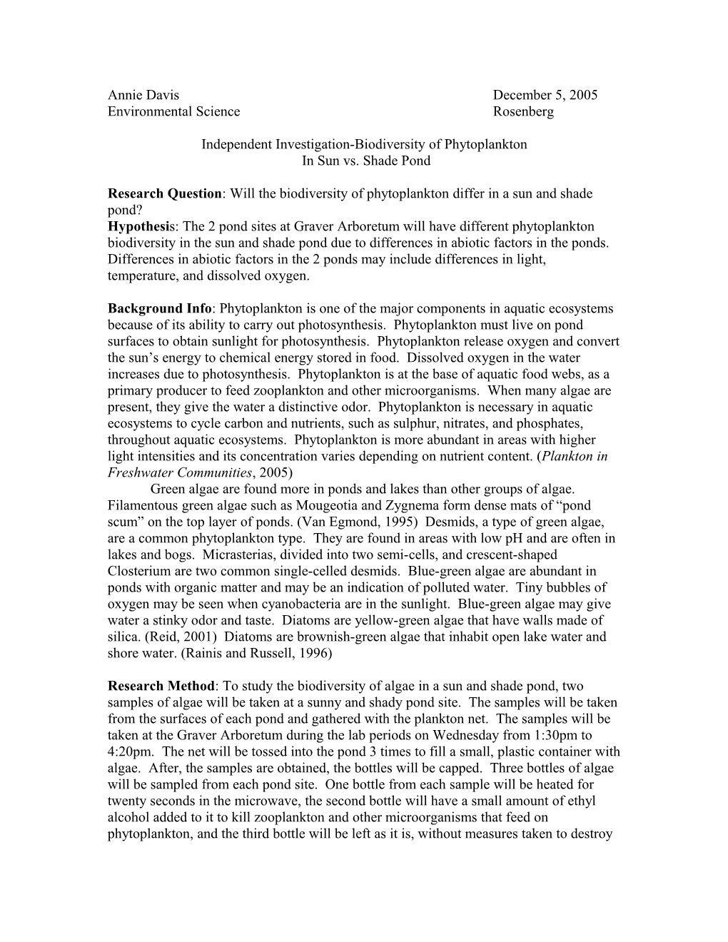 Independent Investigation-Biodiversity of Phytoplankton