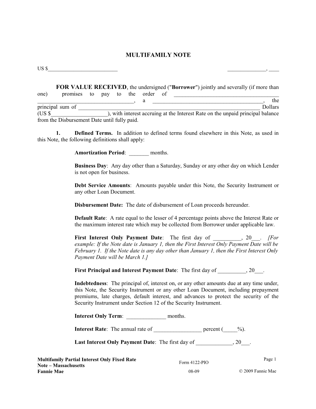 Multifamily Form 4122-PIO Massachusetts