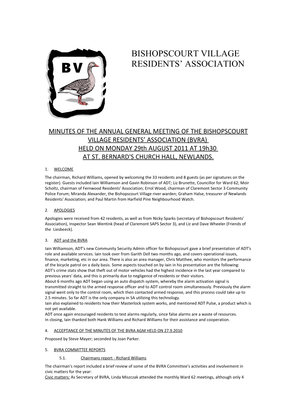 Minutes of the Annual General Meeting of the Bishopscourt Village Residents Association (Bvra)