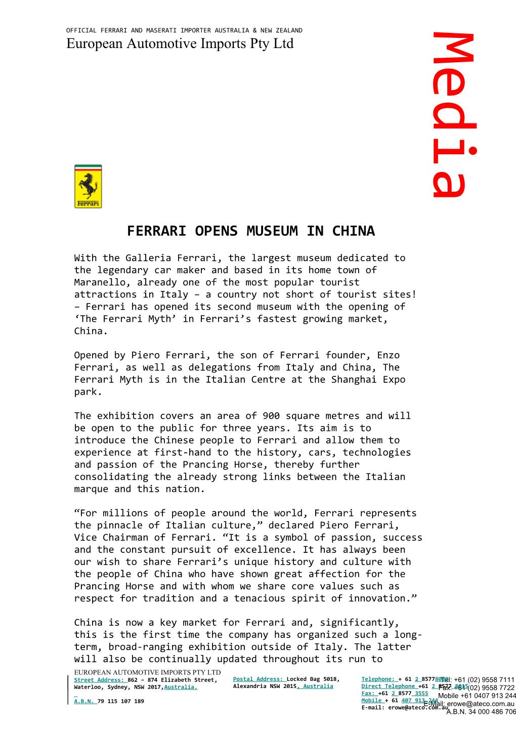 Ferrari Opens Museum in China