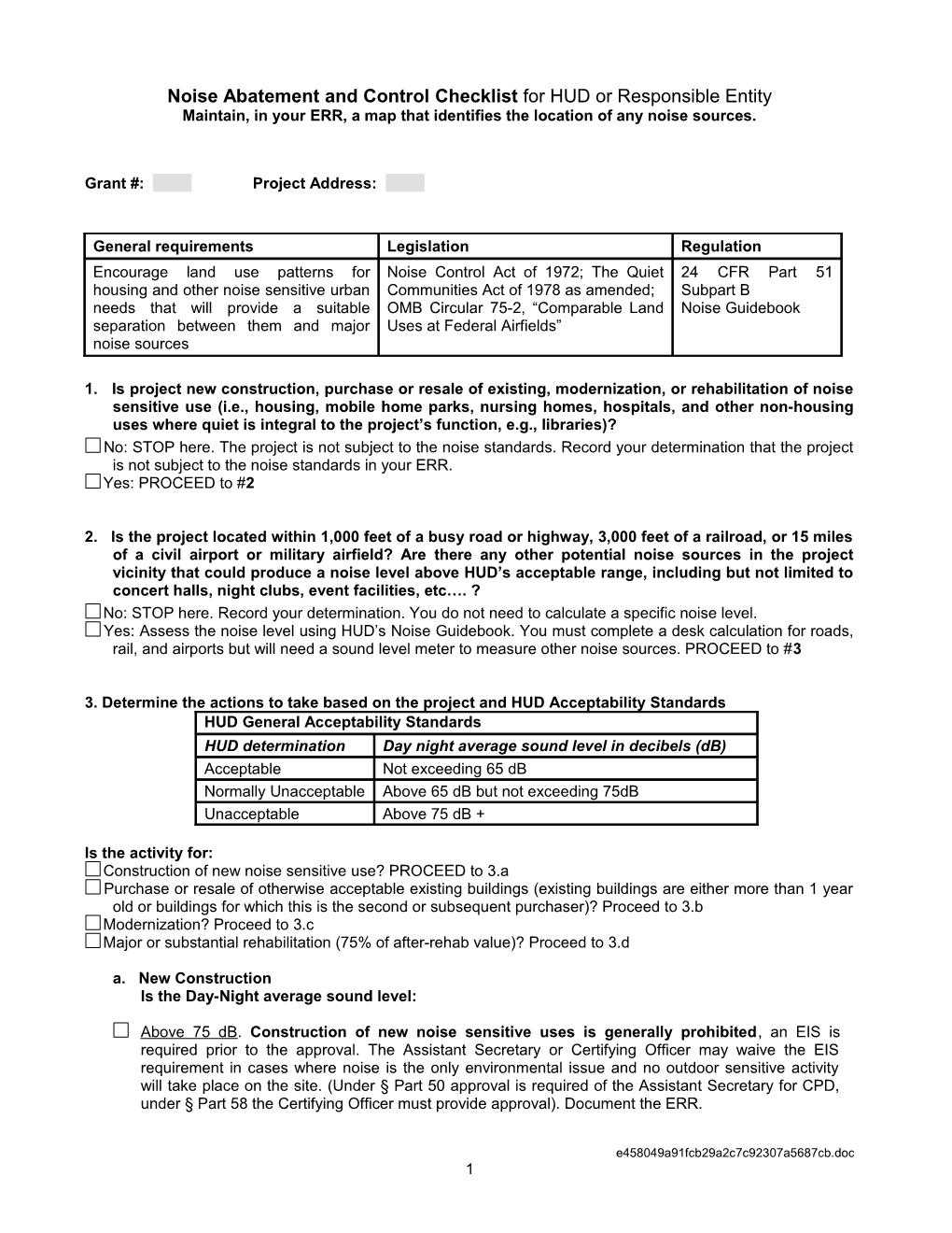 Noise Abatement and Control Checklist for HUD Or Responsible Entity 1 of 2 HUD Region X