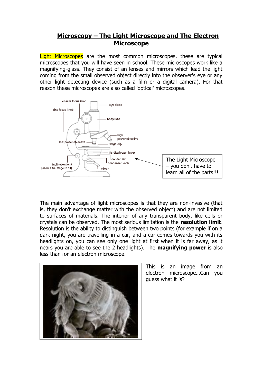 Lightmicroscopy the Light Microscope and the Electron Microscope