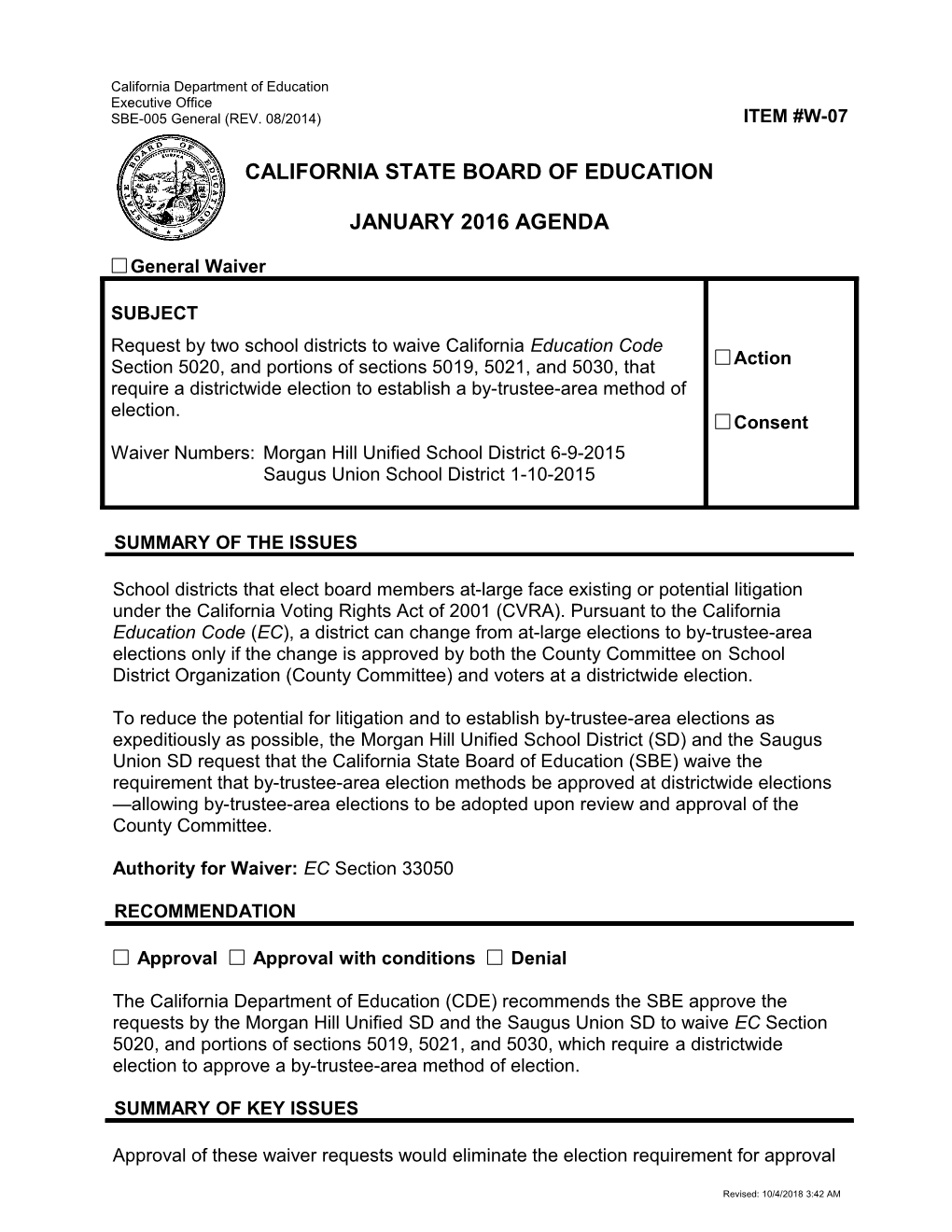 January 2016 Waiver Item W-07 - Meeting Agendas (CA State Board of Education)