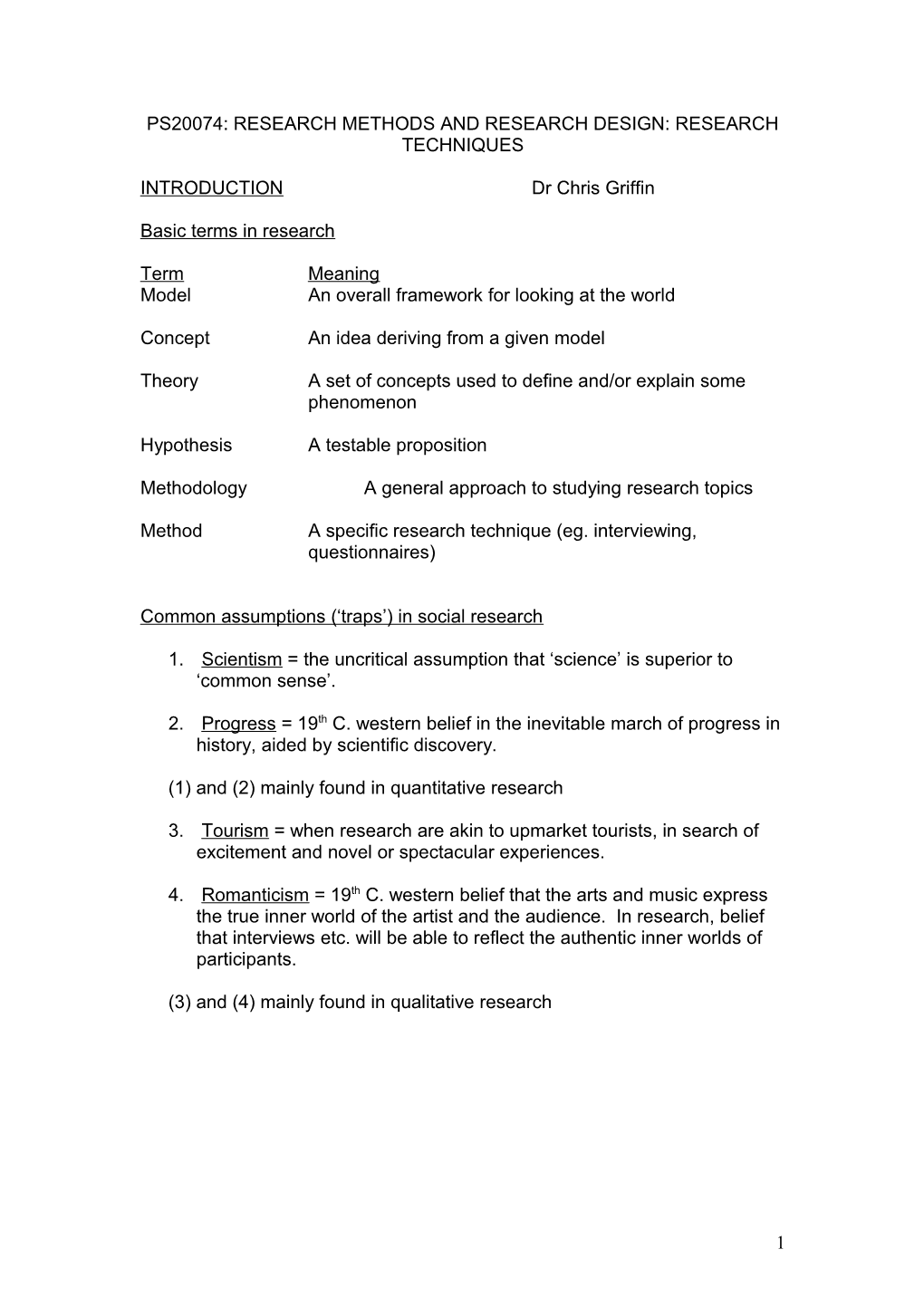 PS20074: Research Methods and Research Design: Research Techniques