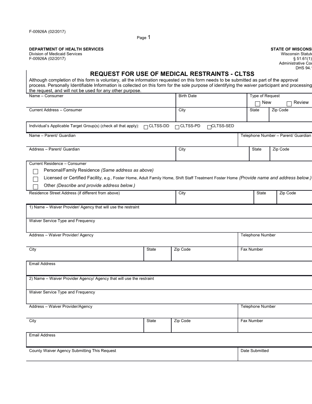 Request for Use of Medical Restraints CLTS