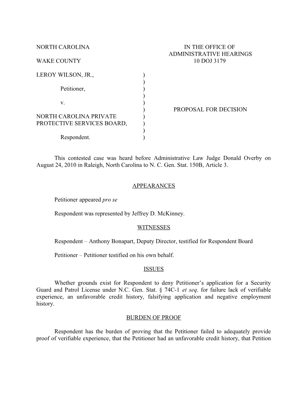 NCPPSB/Wilson/Security License/Proposed Order (00305860)