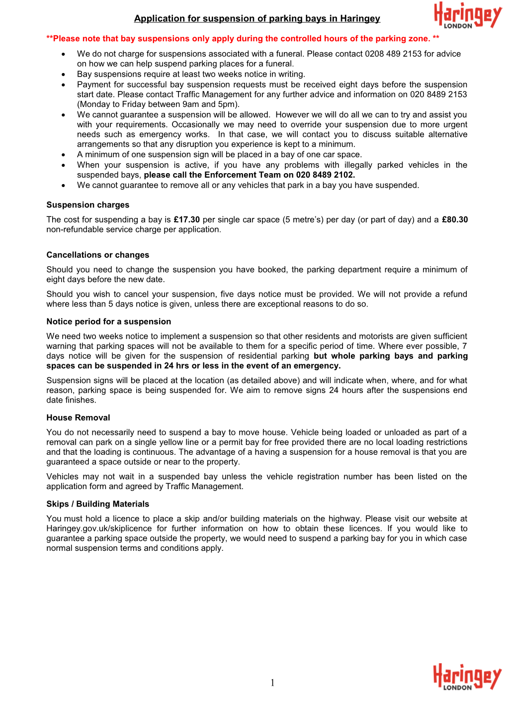 Application for Suspension of Parking Bays in Haringey