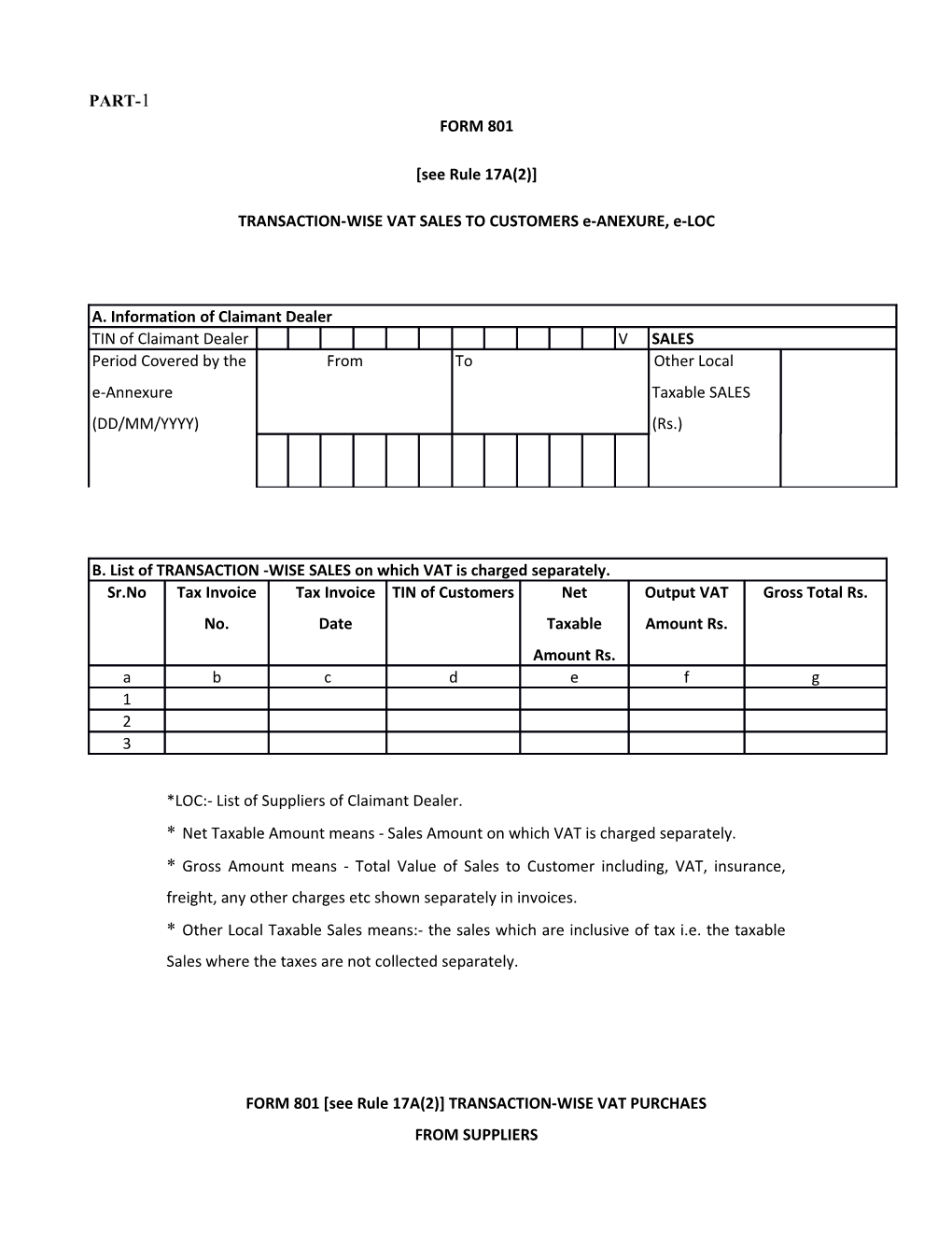 TRANSACTION-WISE VAT SALES to CUSTOMERS E-ANEXURE, E-LOC