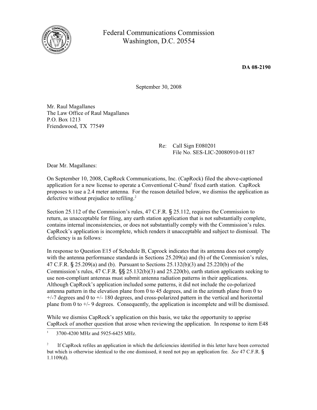 Federal Communications Commission DA 08-2190