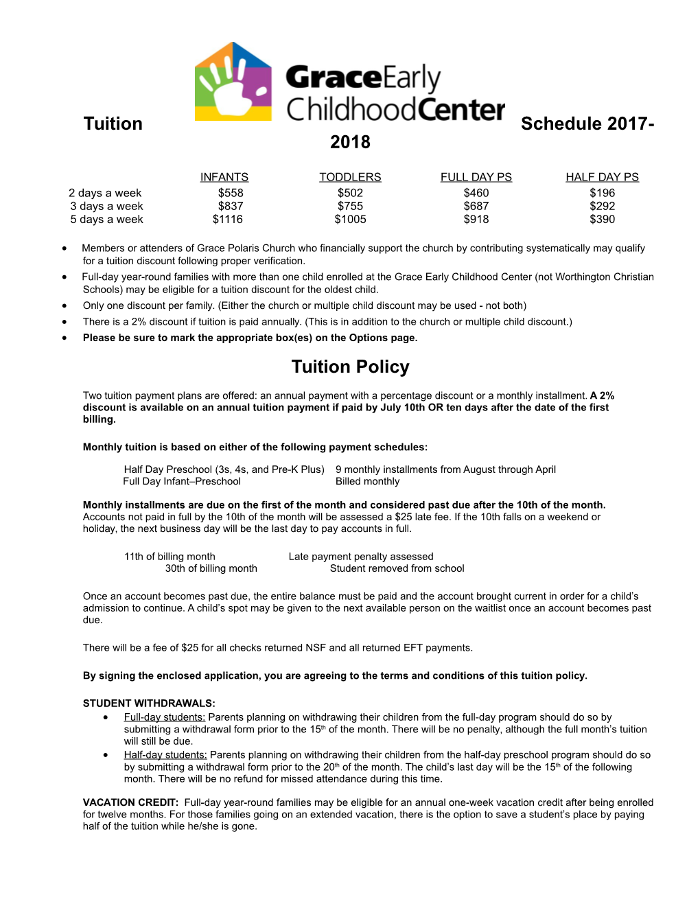 Tuition Schedule 2017-2018