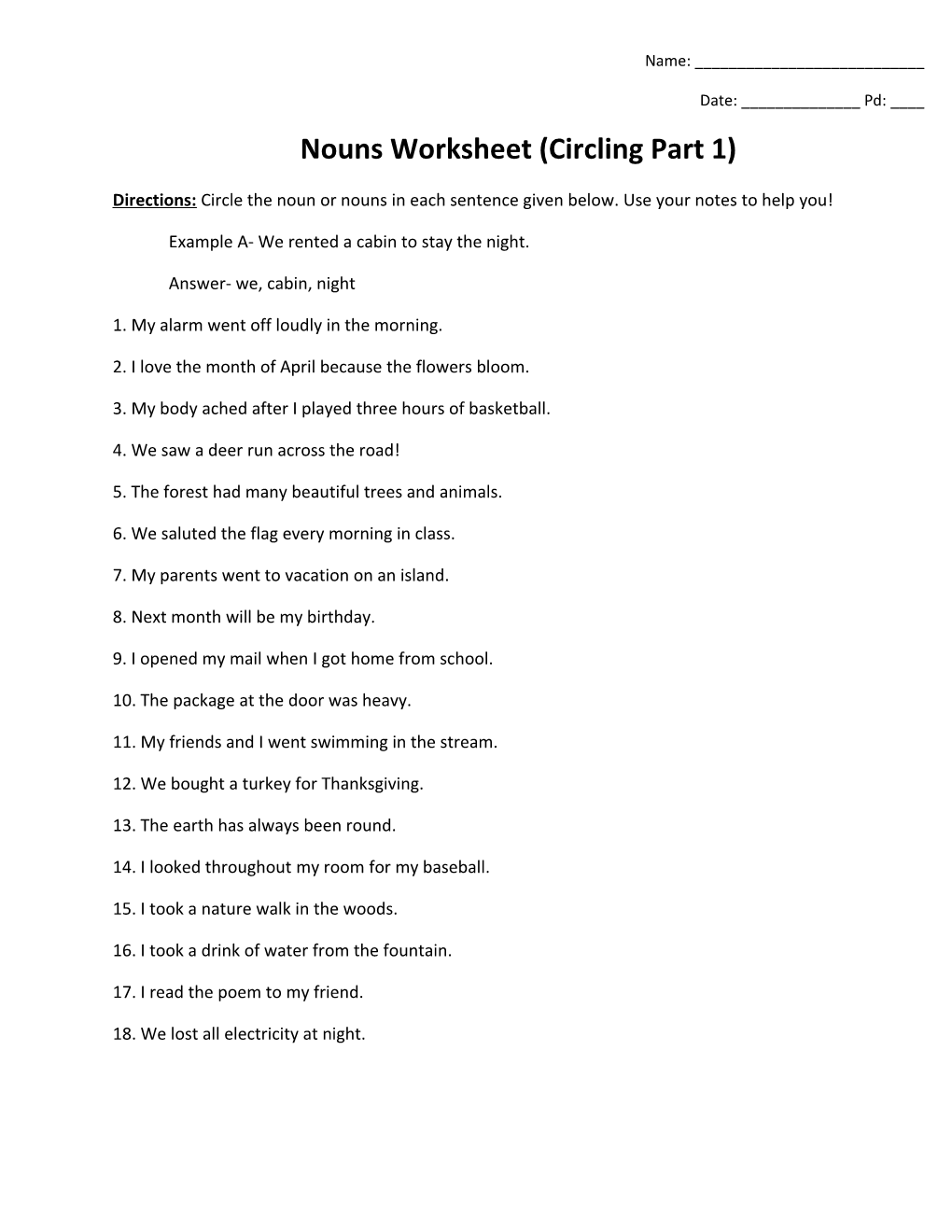 Nouns Worksheet (Circling Part 1)