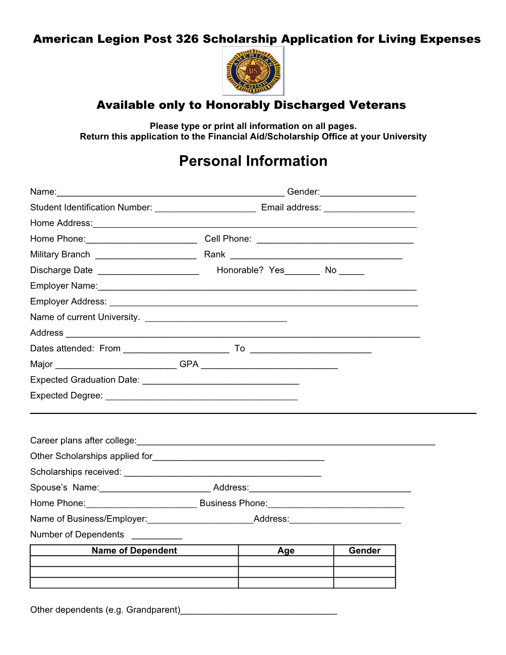 American Legion Post 326 Scholarship Application