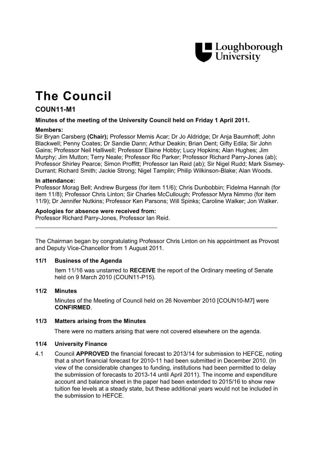 Minutes of the Meeting of the University Council Held on Friday1april 2011