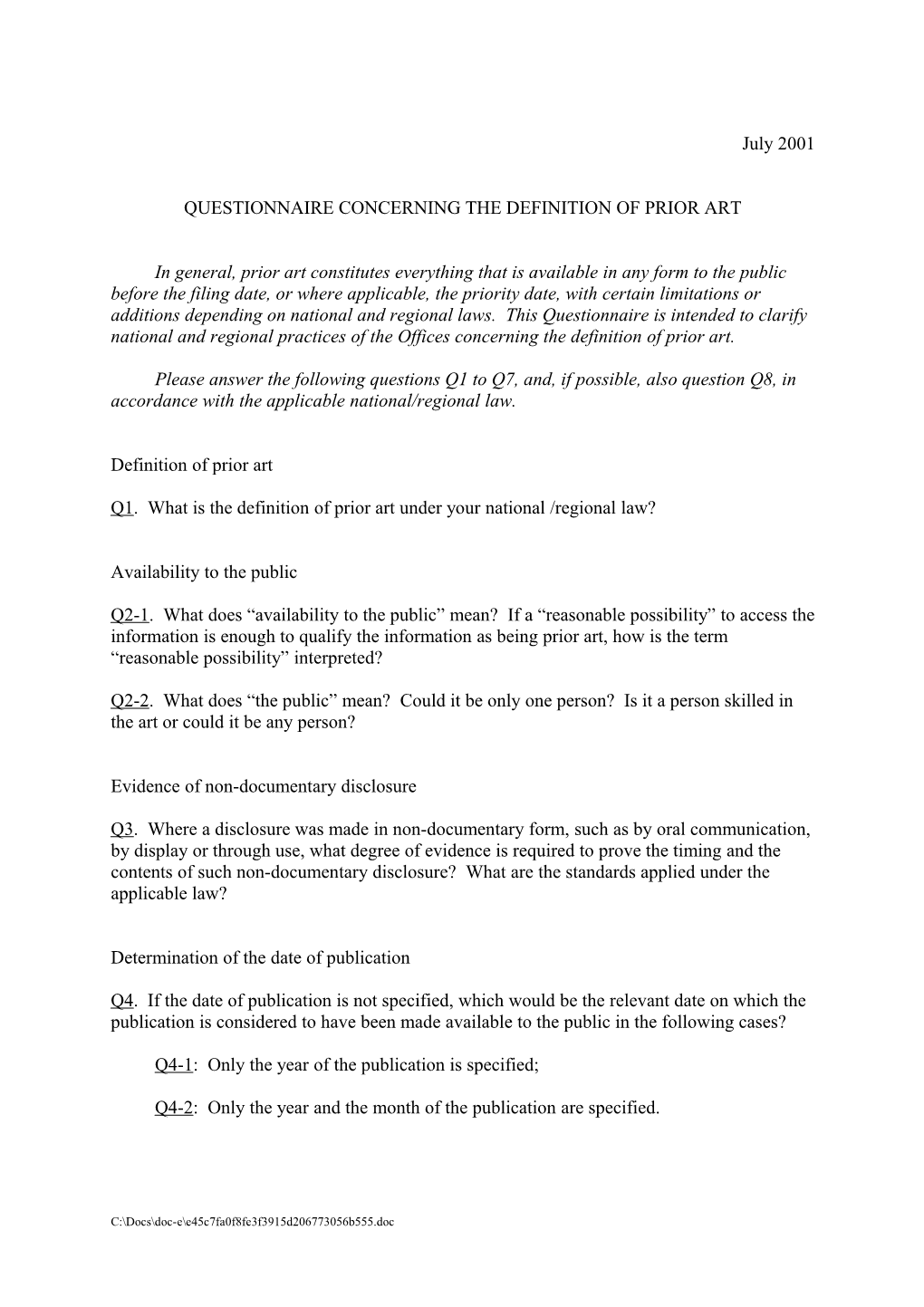 Questionnaire Concerning the Definition of Prior Art