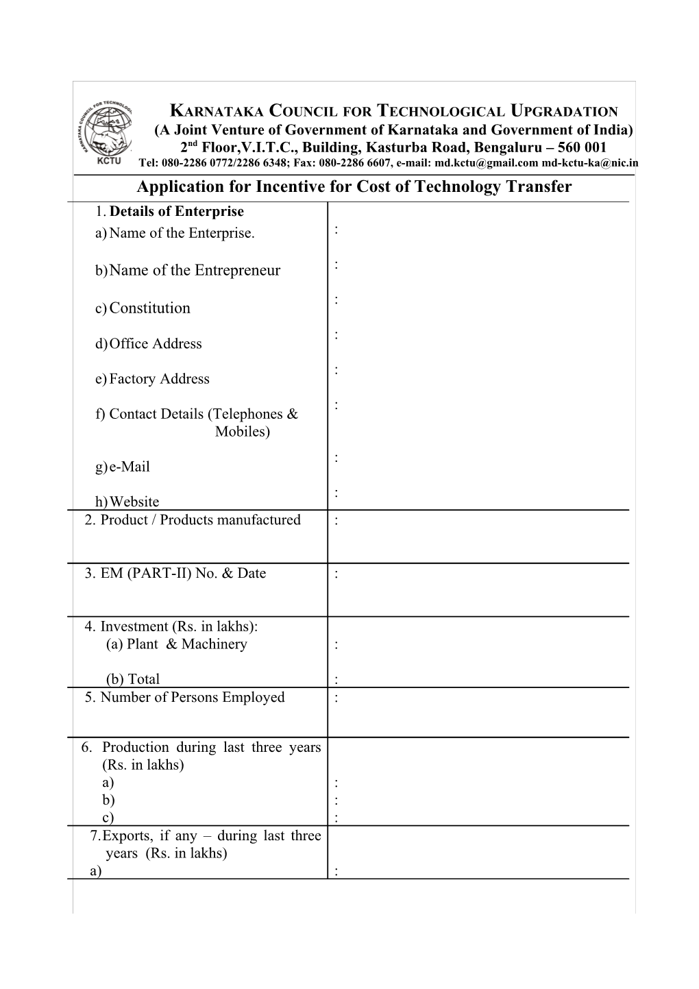 Proforma for Obtaining Incentive for Securing Iso 9000 Series Certification Application Form