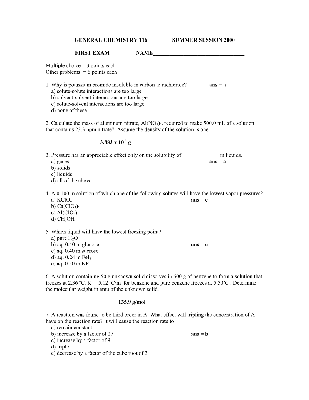 General Chemistry 116 Summer Session 2000