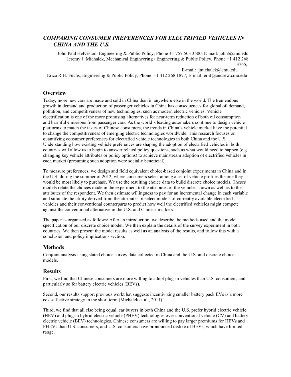 Comparing Consumer Preferences for Electrified Vehicles in China and the U.S