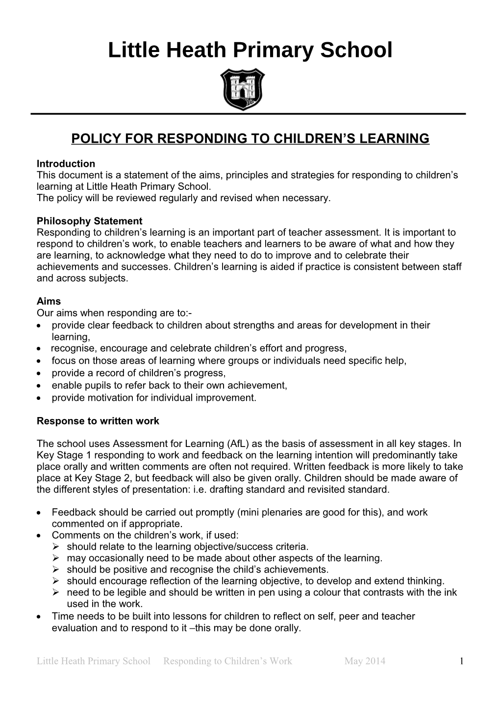 Policy for Responding to Children S Learning