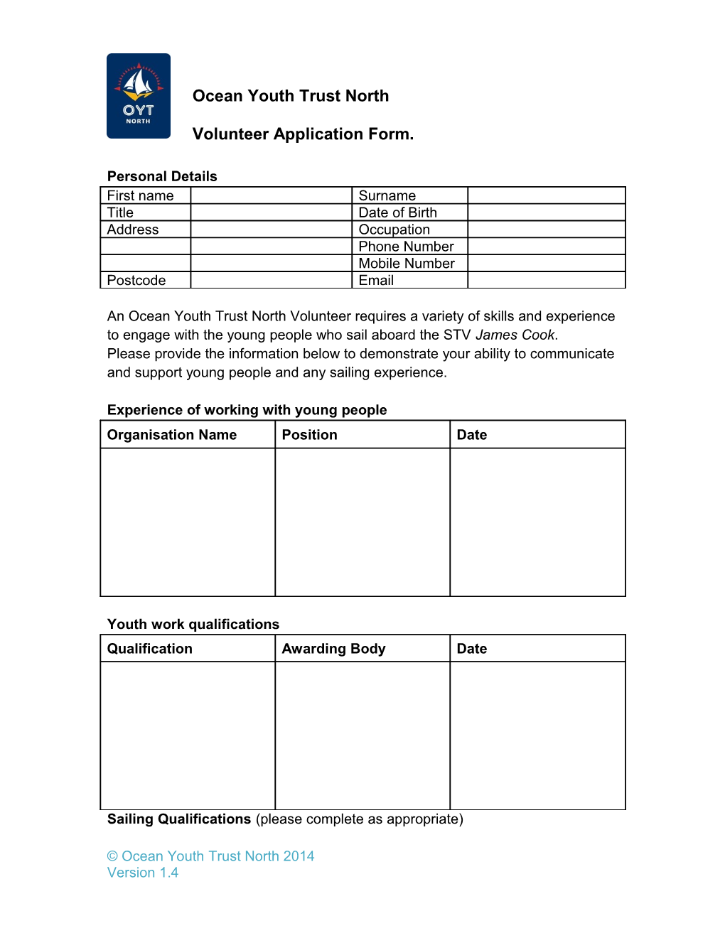 OYT Trust North Volunteer Application Form