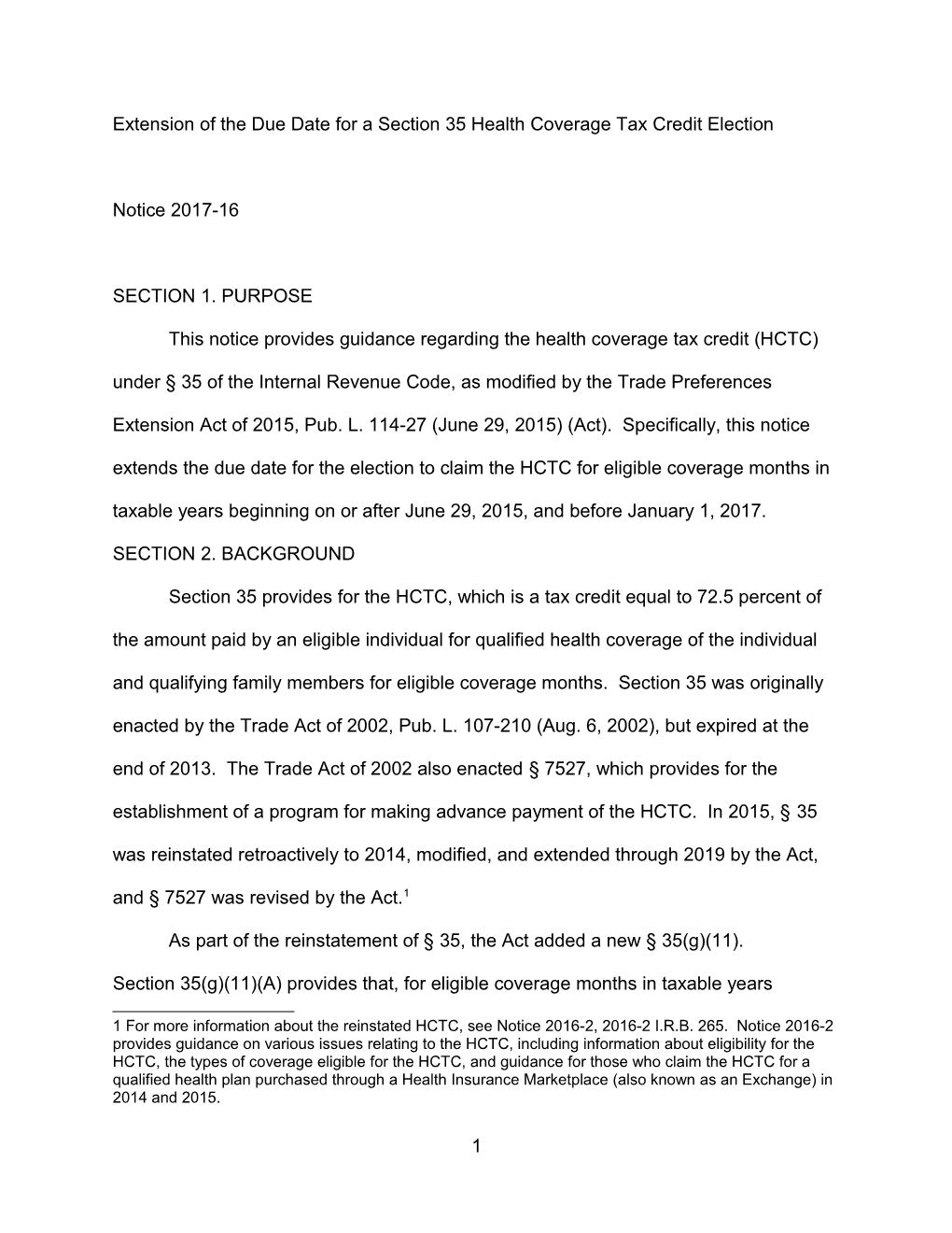 Extension of the Due Date for a Section 35 Health Coverage Tax Credit Election