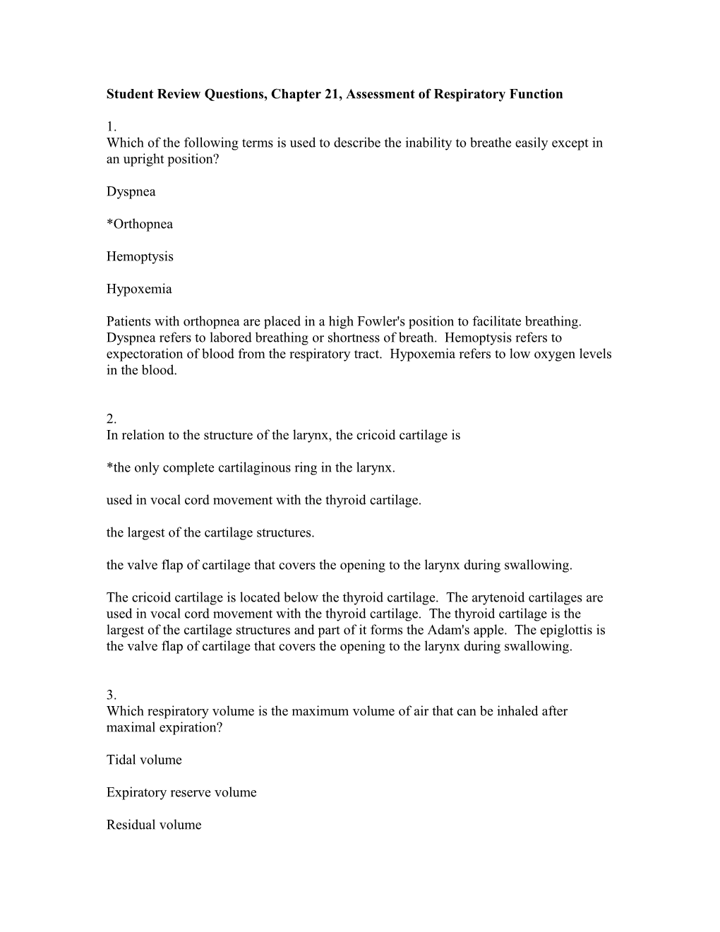 Student Review Questions, Chapter 21, Assessment of Respiratory Function