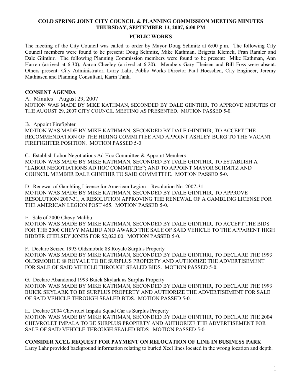 Monday, May 24, 2006, 6:30 Pm, Cold Spring Joint Meeting of Planning Commission, City Council