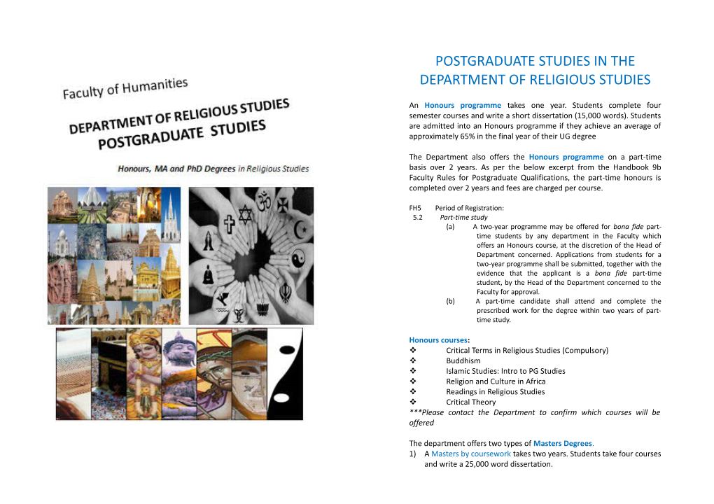 Postgraduate Studies in the Department of Religious Studies