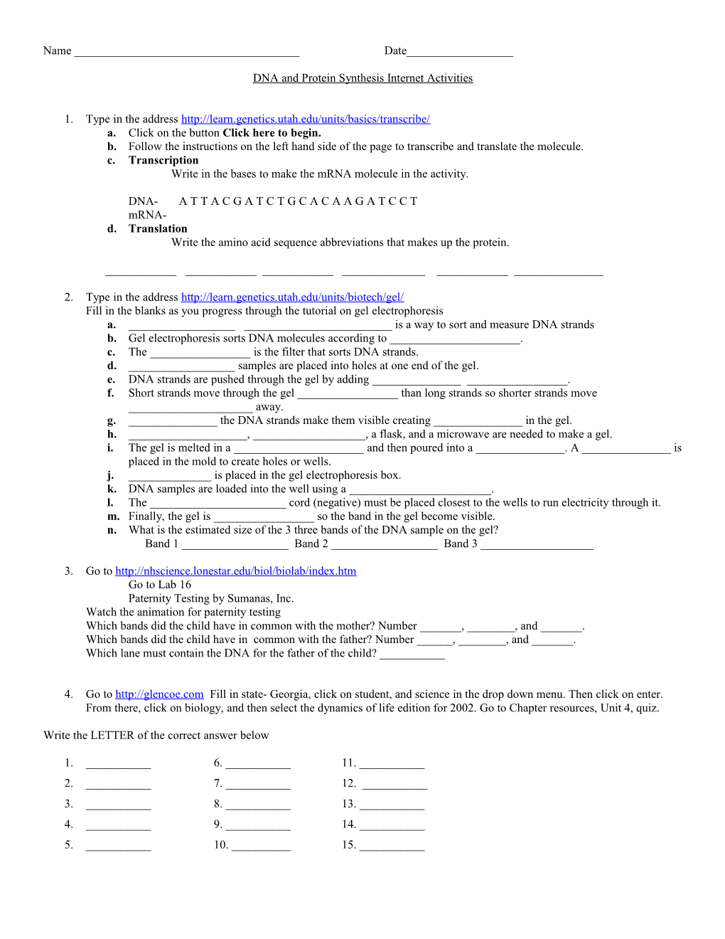 DNA and Protein Synthesis Internet Activities