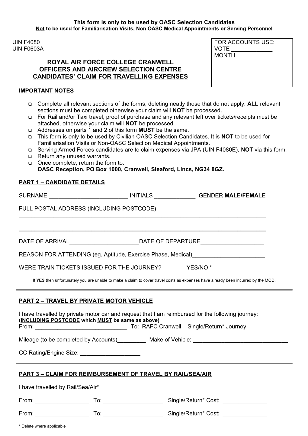 This Form Is Only to Be Used by OASC Selection Candidates