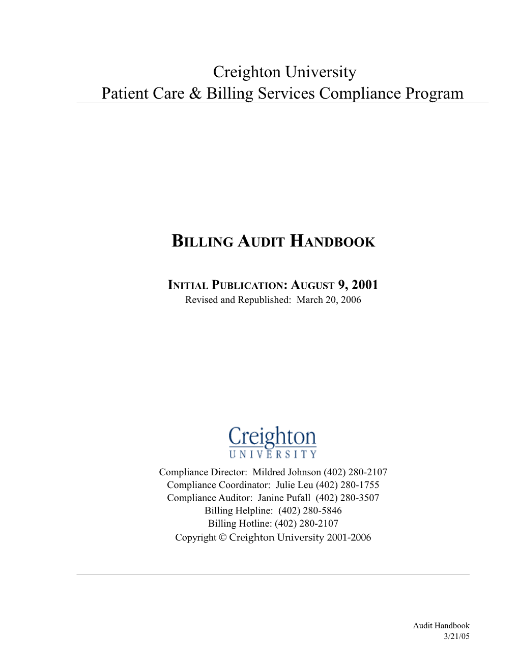 Creightonuniversitypatient Care & Billing Services Compliance Program