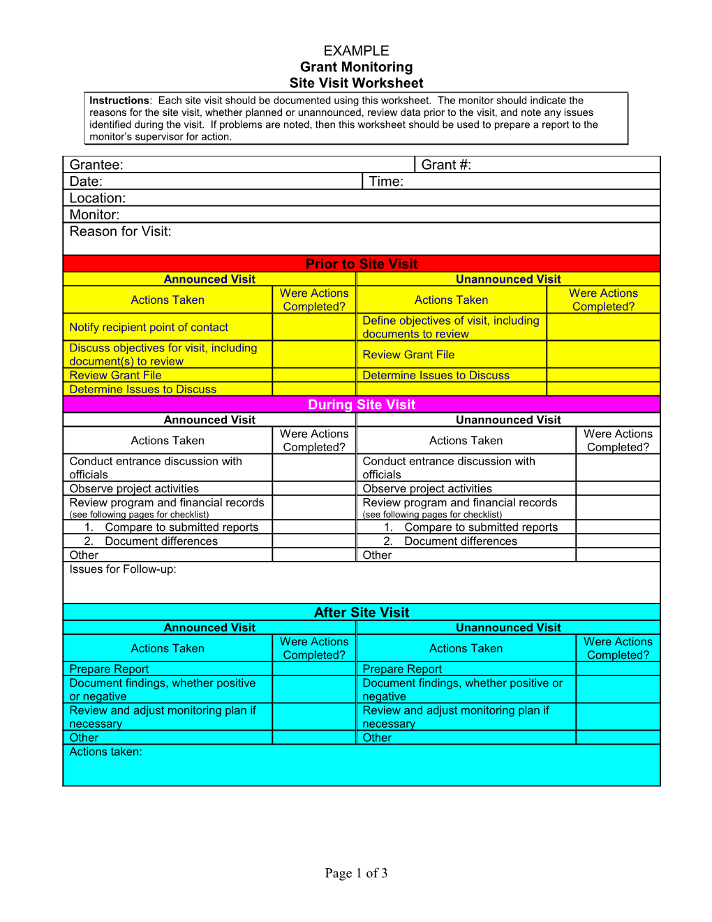 Instructions: Each Site Visit Should Be Documented Using This Worksheet