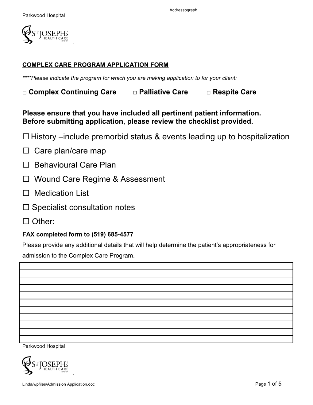 Complex Care Program Application Form