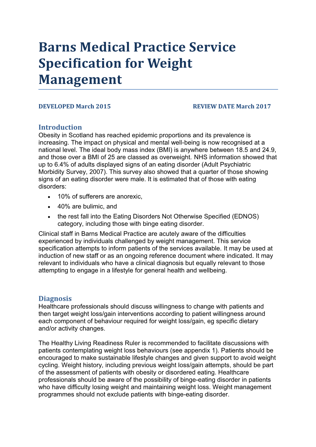 Barns Medical Practice Service Specification for Weight Management