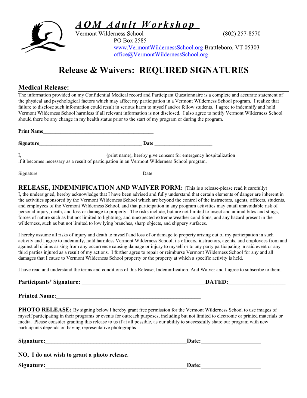 Release & Waivers: REQUIRED SIGNATURES