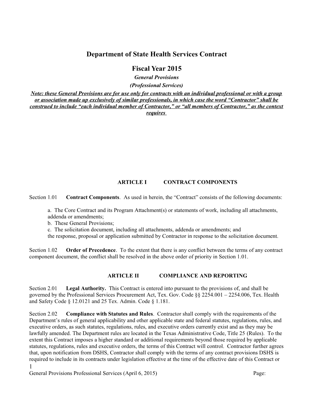 Department of State Health Services Contract